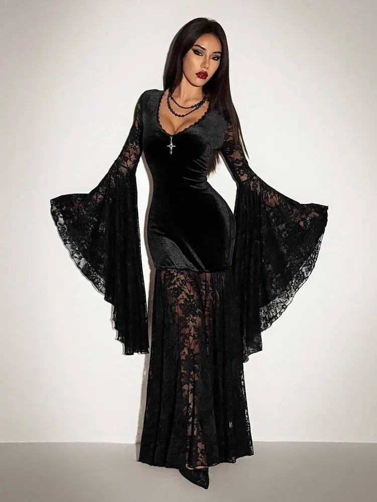 Black Velvet Dress with Deep V-neck and Lace Bell Sleeves Black Velvet Dress with Deep V-neck and Lace Bell Sleeves — Classy Gothic Style