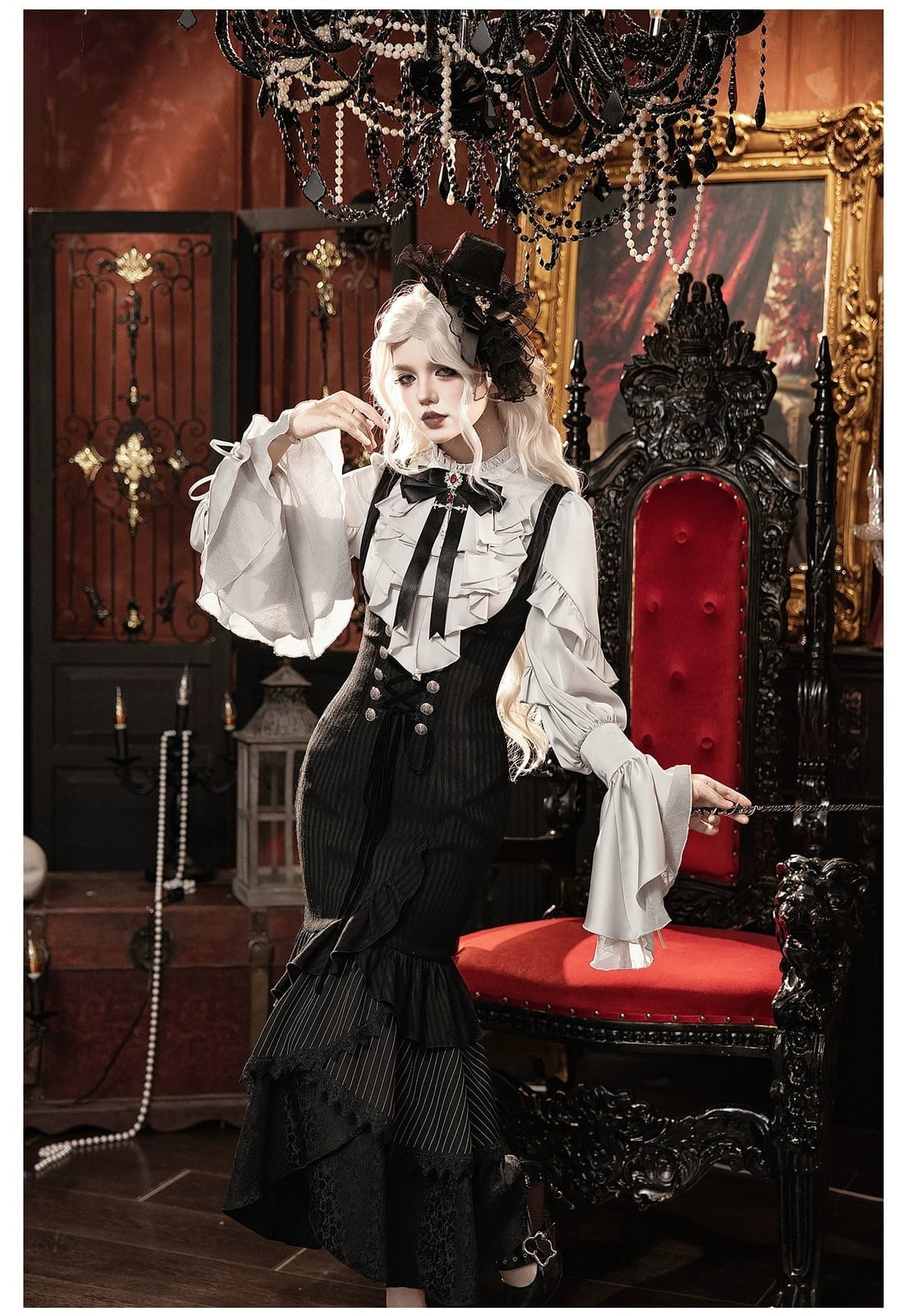 Pinstripe Pinafore Dress Over a Ruffled Blouse Pinstripe Pinafore Dress Over a Ruffled Blouse — Classy Gothic Style