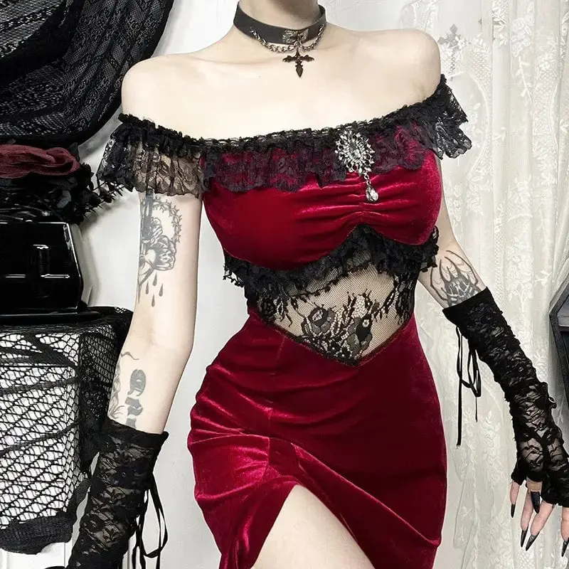 Red Velvet Dress with Off-The-Shoulder Lace Trim Red Velvet Dress with Off-The-Shoulder Lace Trim — Classy Gothic Style