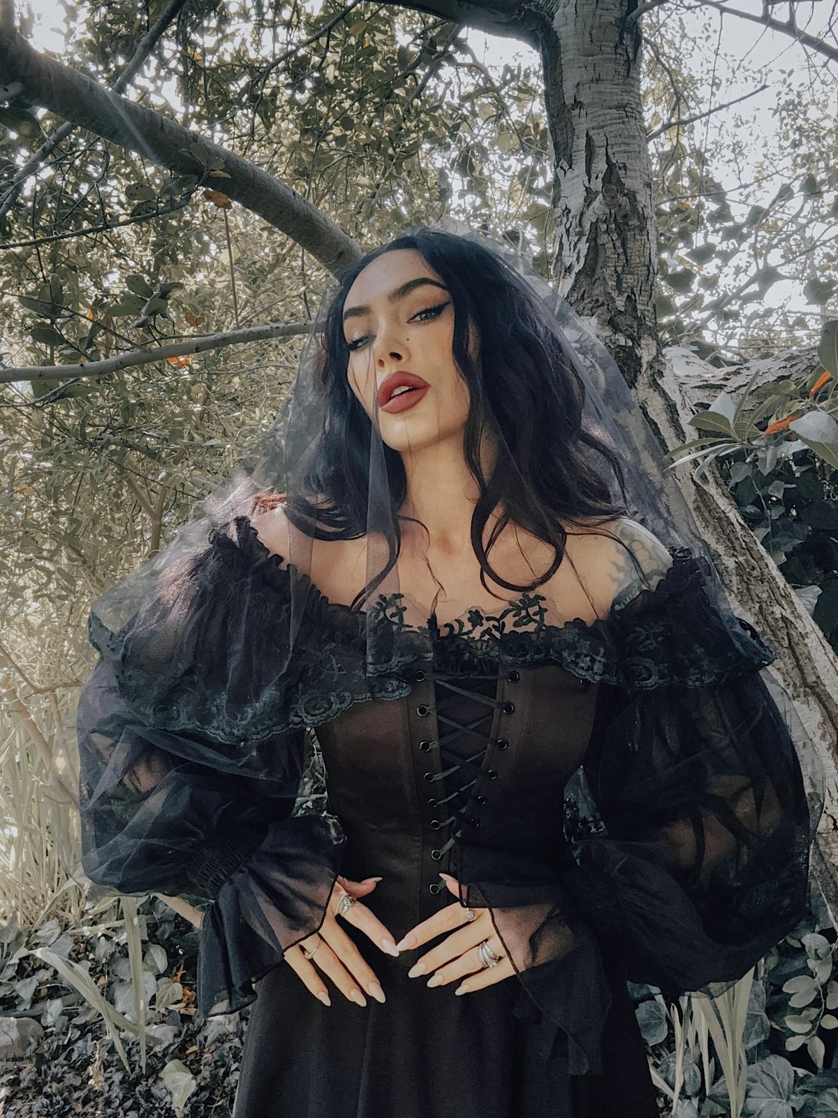 Corset with Off-The-Shoulder Sheer Puff Sleeves and Veil Corset with Off-The-Shoulder Sheer Puff Sleeves and Veil — Classy Gothic Style
