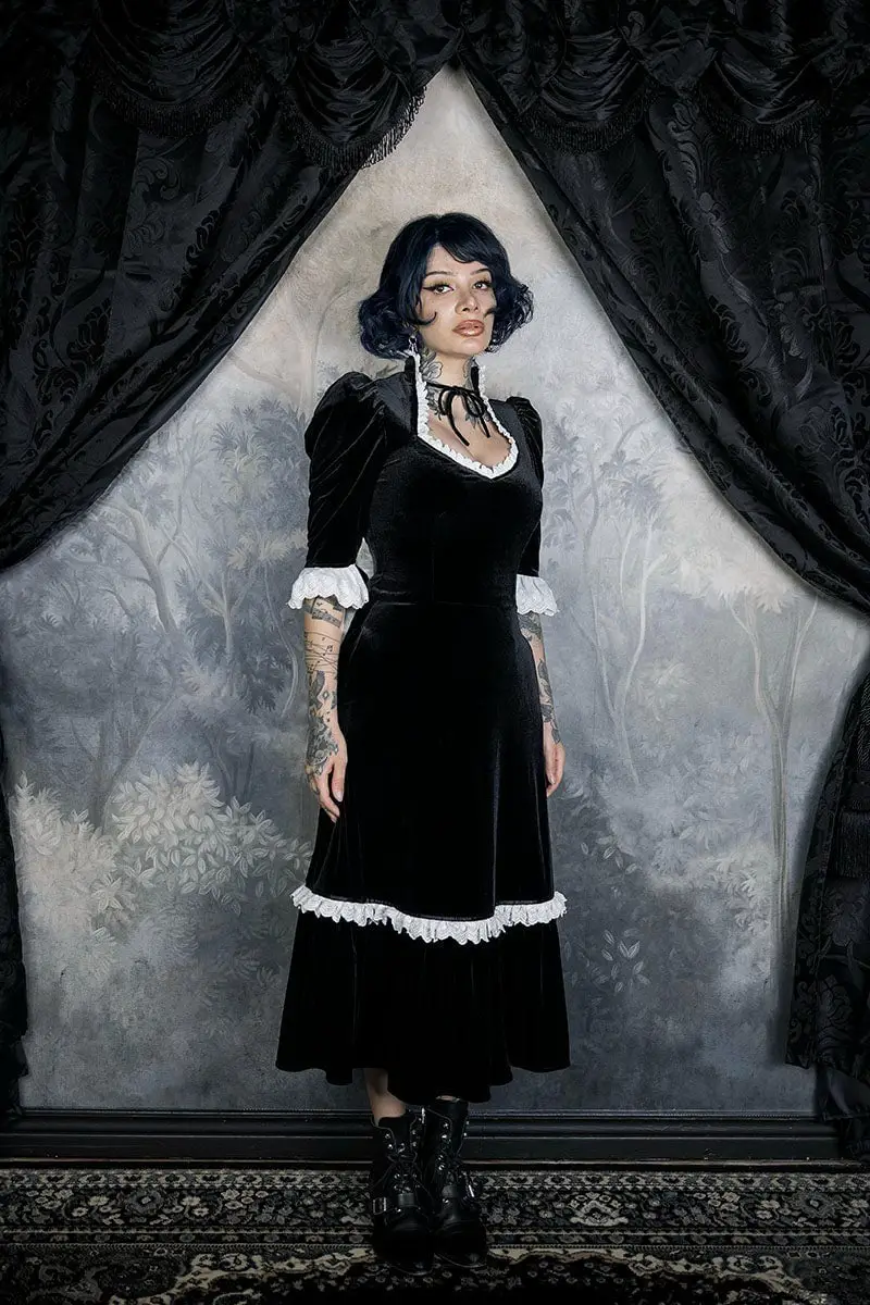 Black Velvet Midi Dress with White Lace Trim Black Velvet Midi Dress with White Lace Trim — Classy Gothic Style