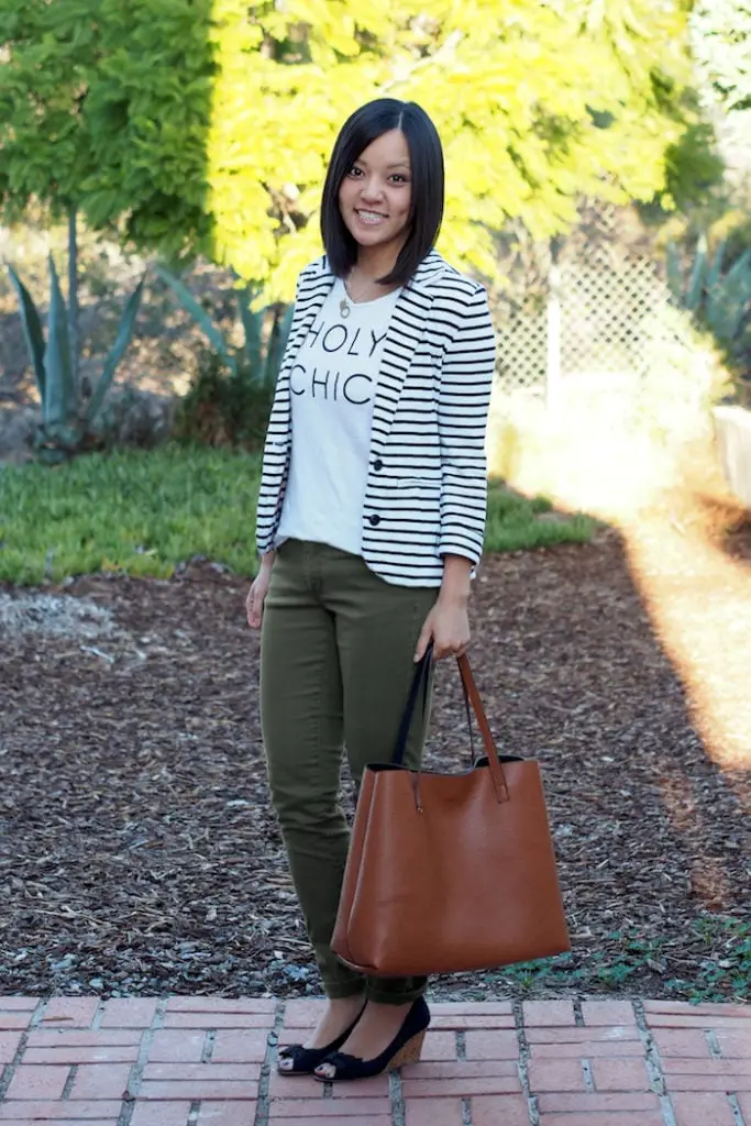 Graphic Tee with Striped Blazer and Olive Pants Graphic Tee with Striped Blazer and Olive Pants — Classy Graphic Tee Outfits