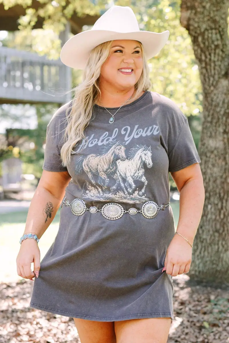 Charcoal Graphic T-Shirt Dress with Horse Print Charcoal Graphic T-Shirt Dress with Horse Print — Classy Graphic Tee Outfits