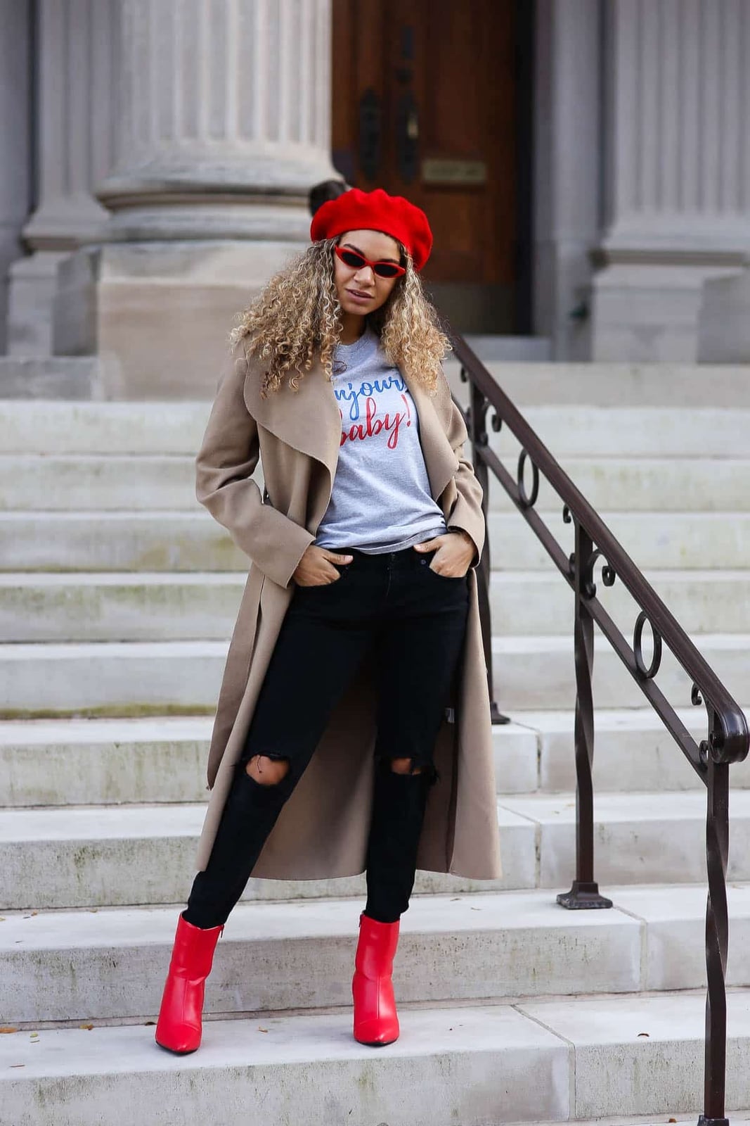 Gray Graphic Tee with Trench Coat and Red Accessories Gray Graphic Tee with Trench Coat and Red Accessories — Classy Graphic Tee Outfits