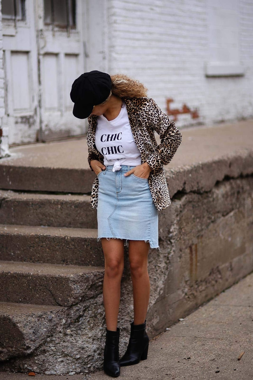 White Graphic Tee with Leopard Blazer and Denim Mini Skirt White Graphic Tee with Leopard Blazer and Denim Mini Skirt — Classy Graphic Tee Outfits