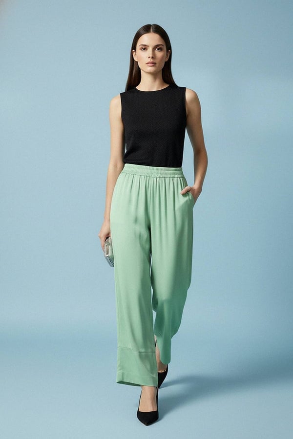 Mint Green Satin Trousers with Knit Top — Classy Green Pants Outfits