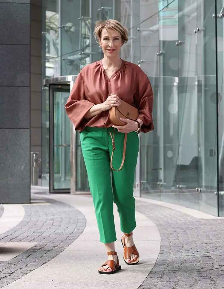 Bright Green Straight Leg Trousers with Silk Blouse — Classy Green Pants Outfits