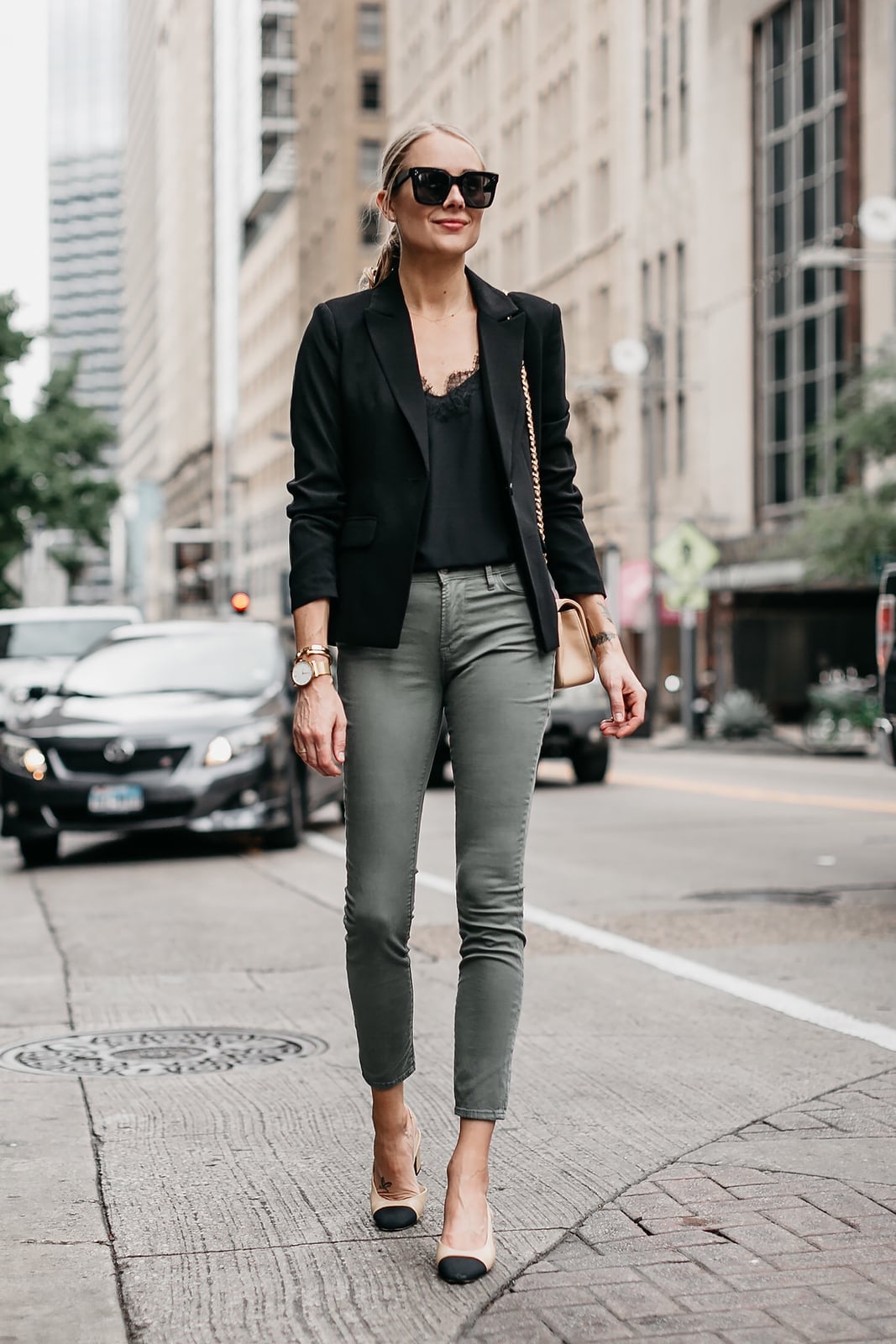Gray Green Skinny Trousers with Lace Camisole — Classy Green Pants Outfits