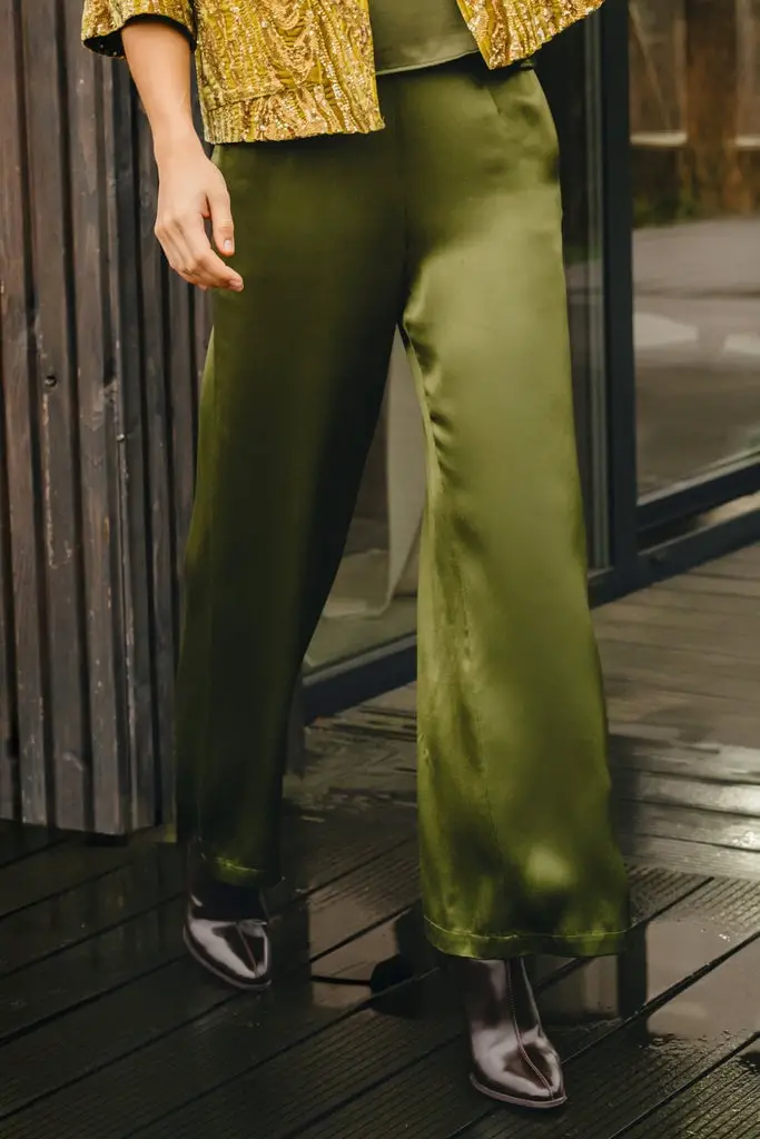 Olive Green Silk Trousers with Embellished Jacket — Classy Green Pants Outfits
