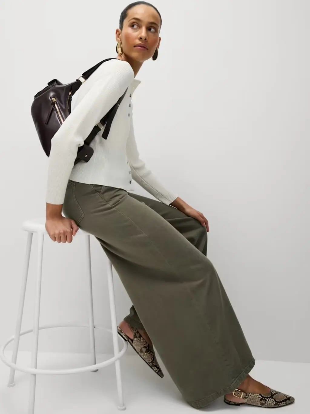 Wide Leg Olive Green Trousers with Fitted Cardigan — Classy Green Pants Outfits