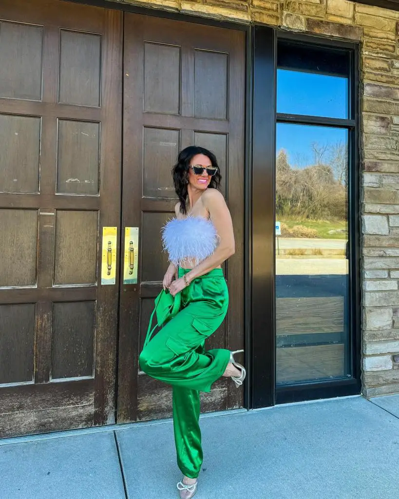 Bright Green Satin Trousers with Feather Trim Top — Classy Green Pants Outfits