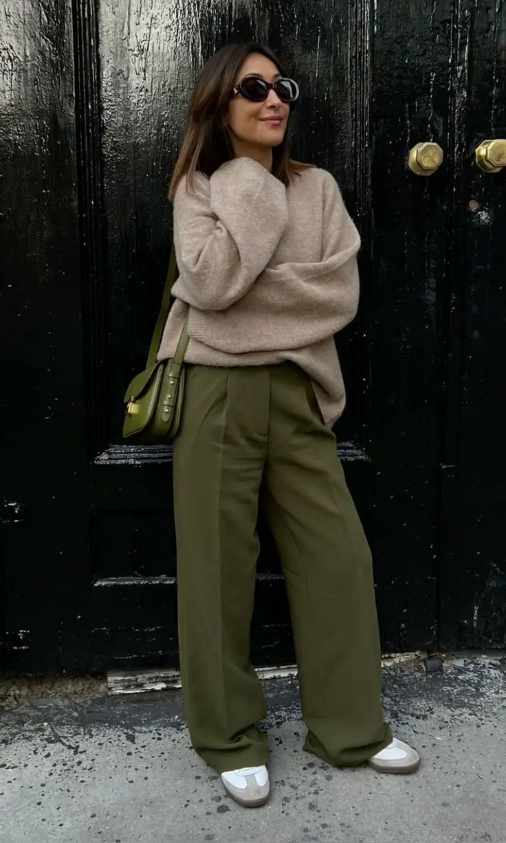 Olive Green Wide Leg Trousers with Oversized Knit Sweater — Classy Green Pants Outfits