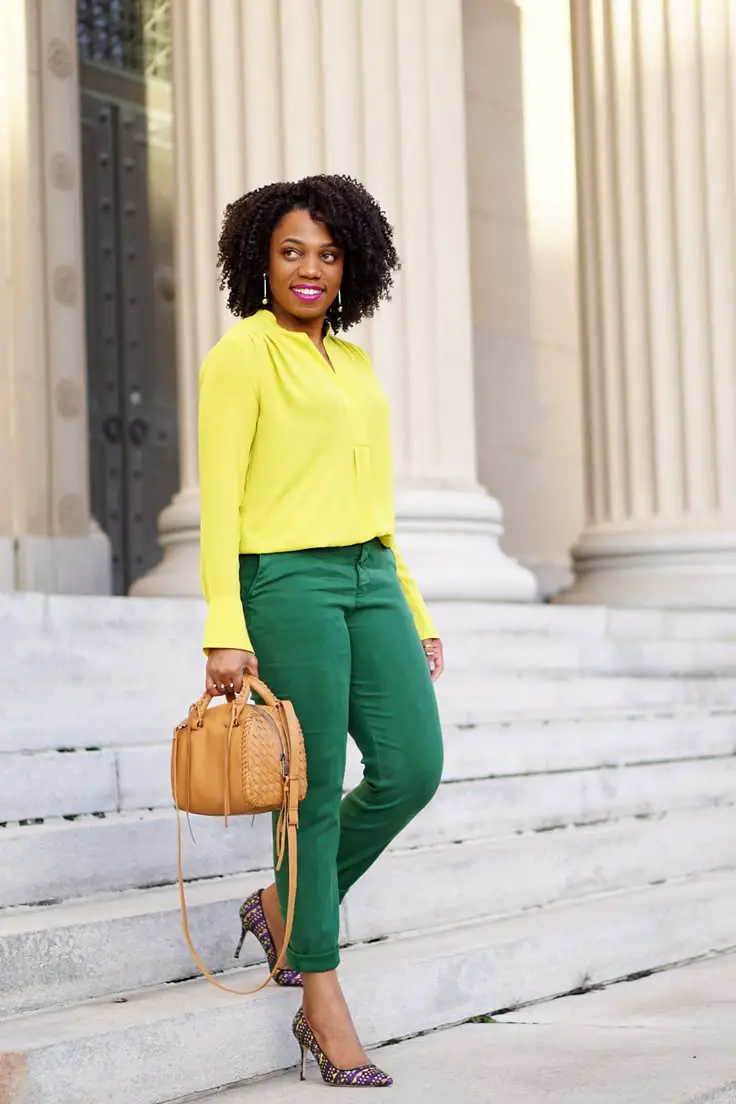 Green Tailored Trousers with Yellow Blouse — Classy Green Pants Outfits
