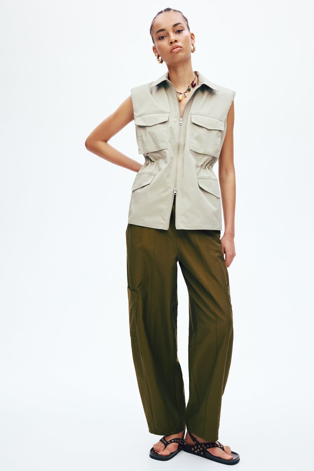 Olive Green Cargo Trousers with Utility Vest, Close-Up Take — Classy Green Pants Outfits