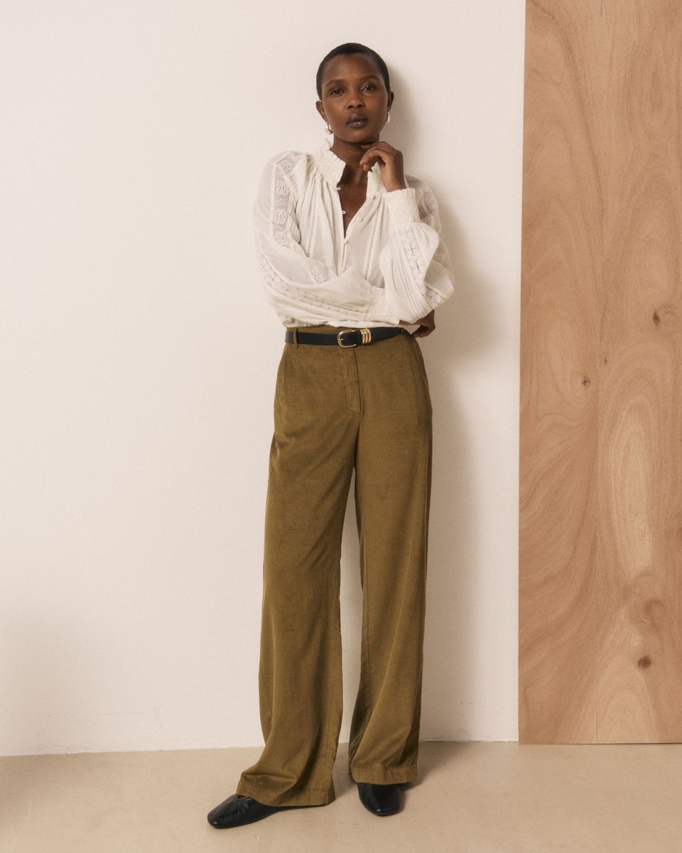 Olive Green Corduroy Trousers with Lace Blouse — Classy Green Pants Outfits