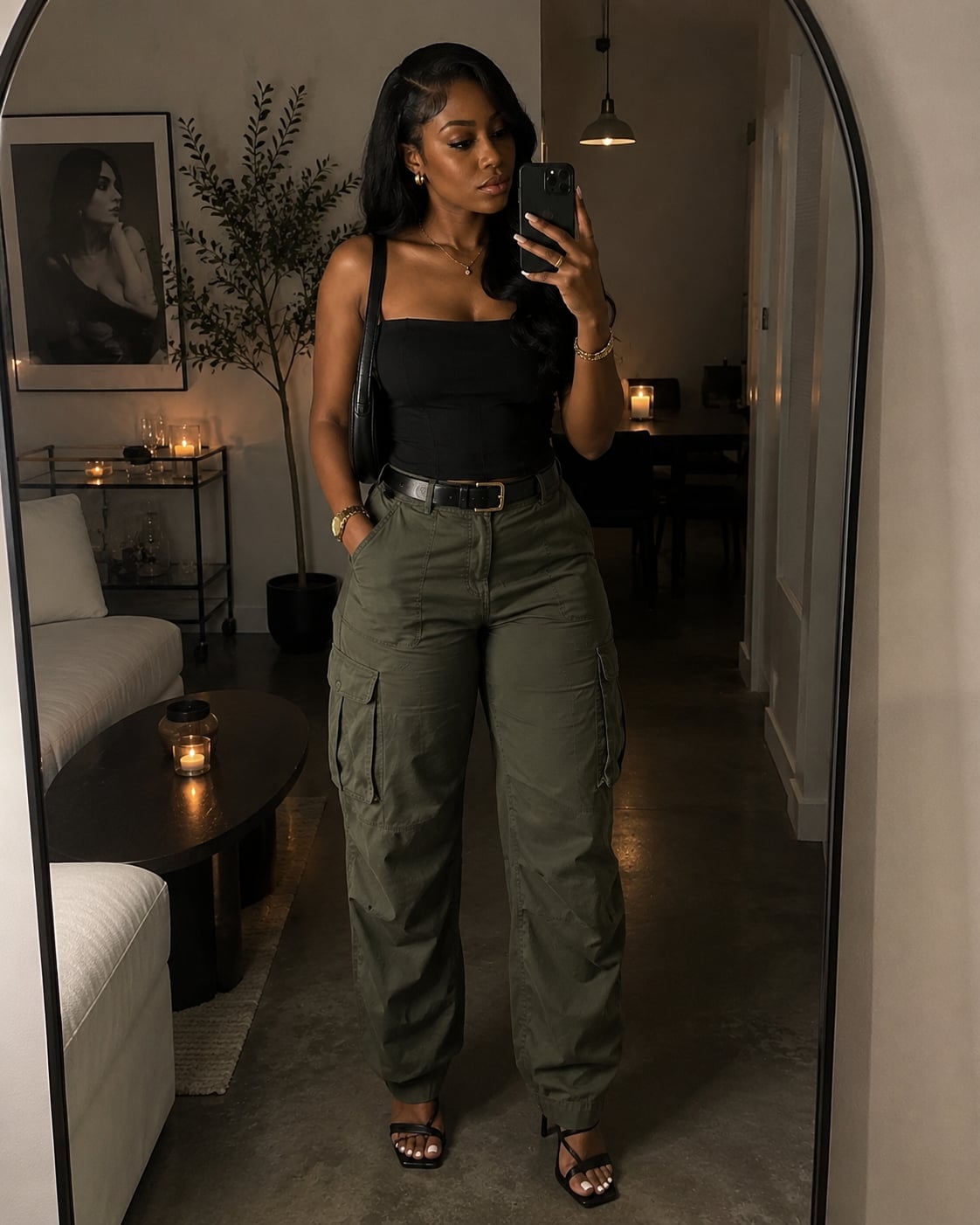 Olive Green Cargo Pants with Black Tank Top — Classy Green Pants Outfits