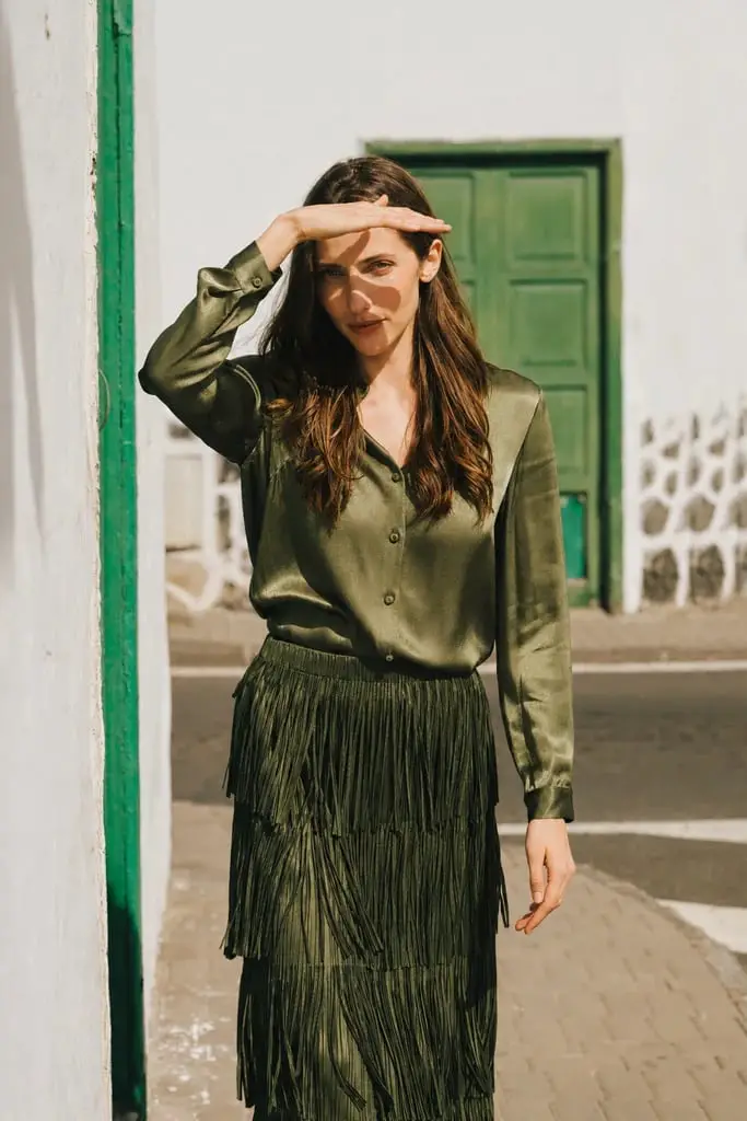 Olive Green Satin Blouse With Fringe Skirt, Office-Safe Version Olive Green Satin Blouse With Fringe Skirt, Office-Safe Version — Classy Green Top Outfits