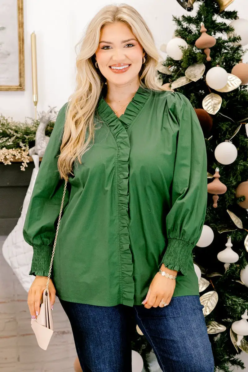 Green Ruffled Blouse With Denim Jeans and Gold Chain Strap Bag Green Ruffled Blouse With Denim Jeans and Gold Chain Strap Bag — Classy Green Top Outfits