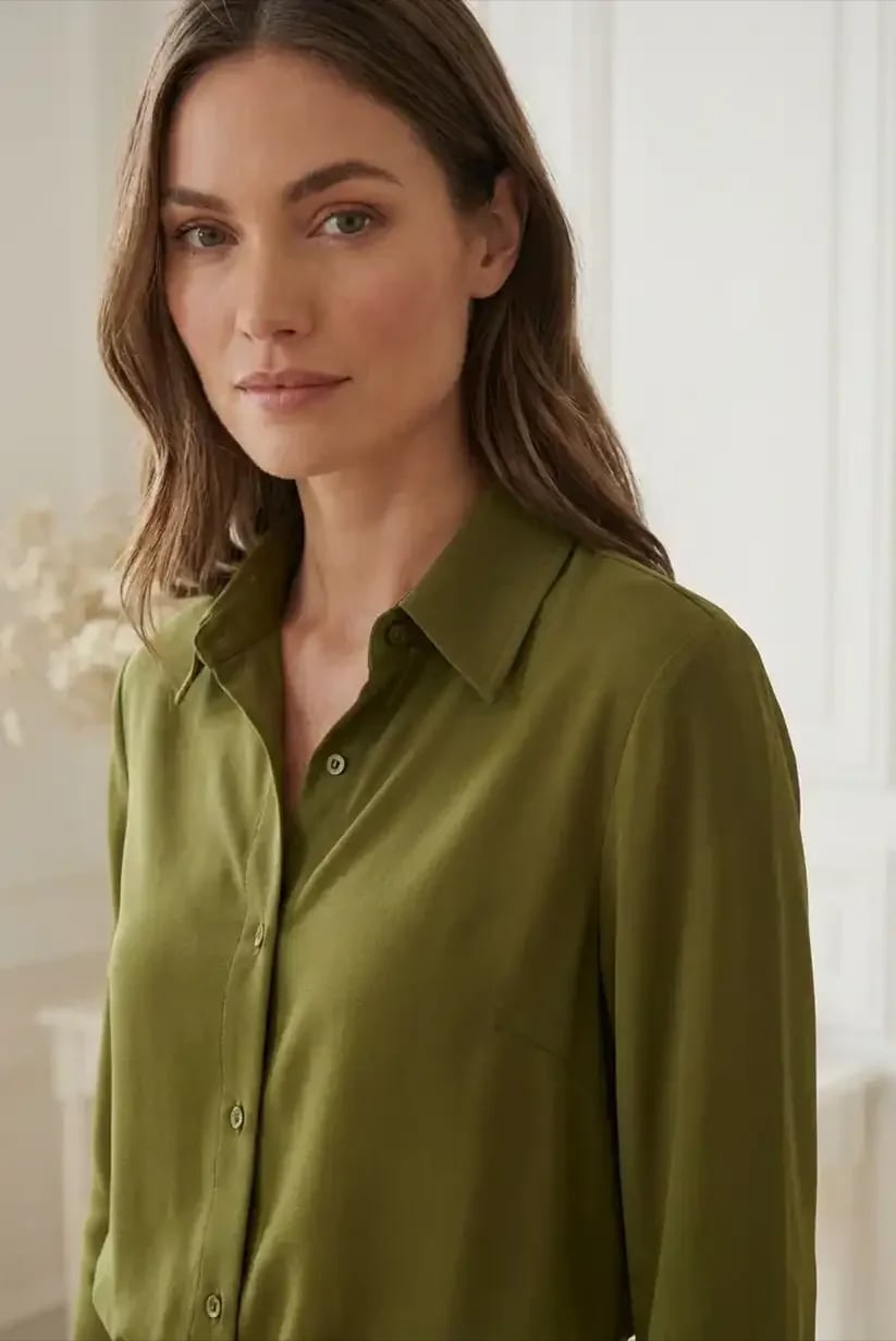 Olive Green Satin Collared Shirt With Relaxed Fit Olive Green Satin Collared Shirt With Relaxed Fit — Classy Green Top Outfits