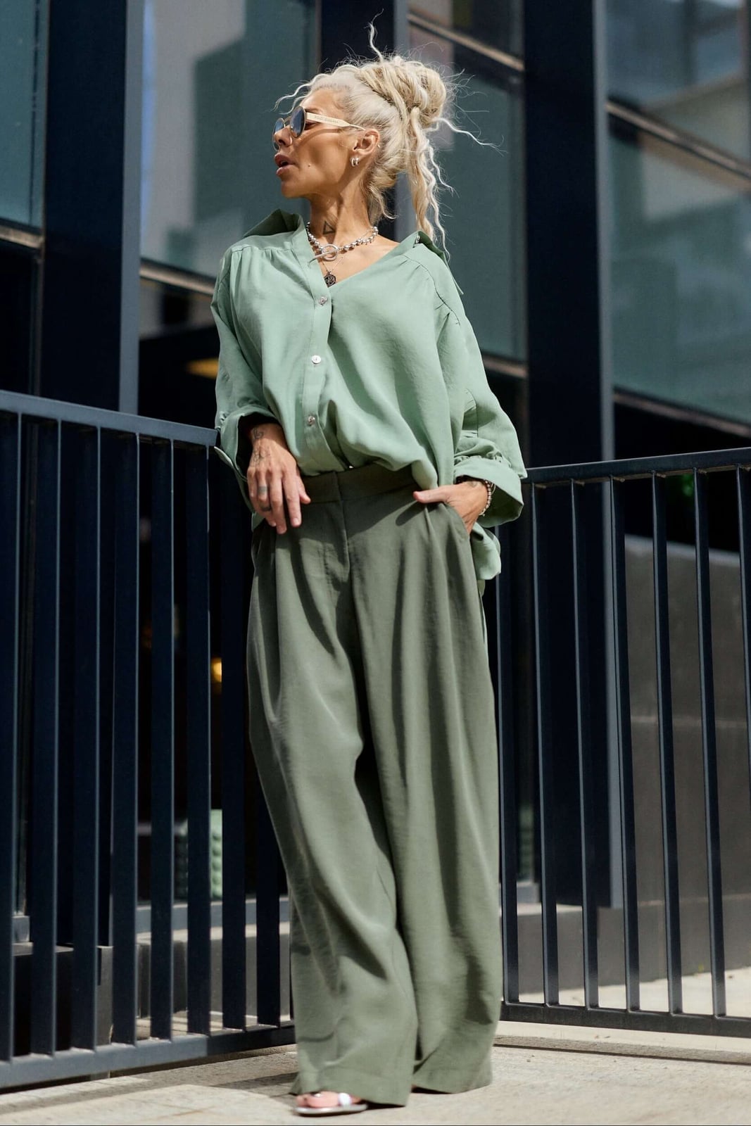 Sage Green Oversized Shirt Styled Open Sage Green Oversized Shirt Styled Open — Classy Green Top Outfits