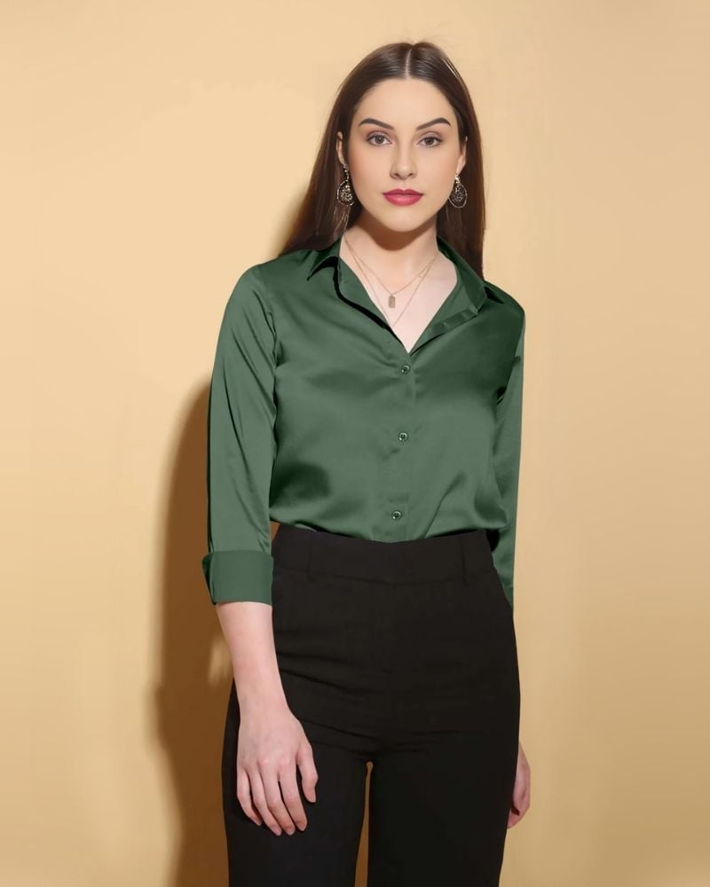 Dark Green Satin Blouse With Black Trousers, Close-Up Take Dark Green Satin Blouse With Black Trousers, Close-Up Take — Classy Green Top Outfits