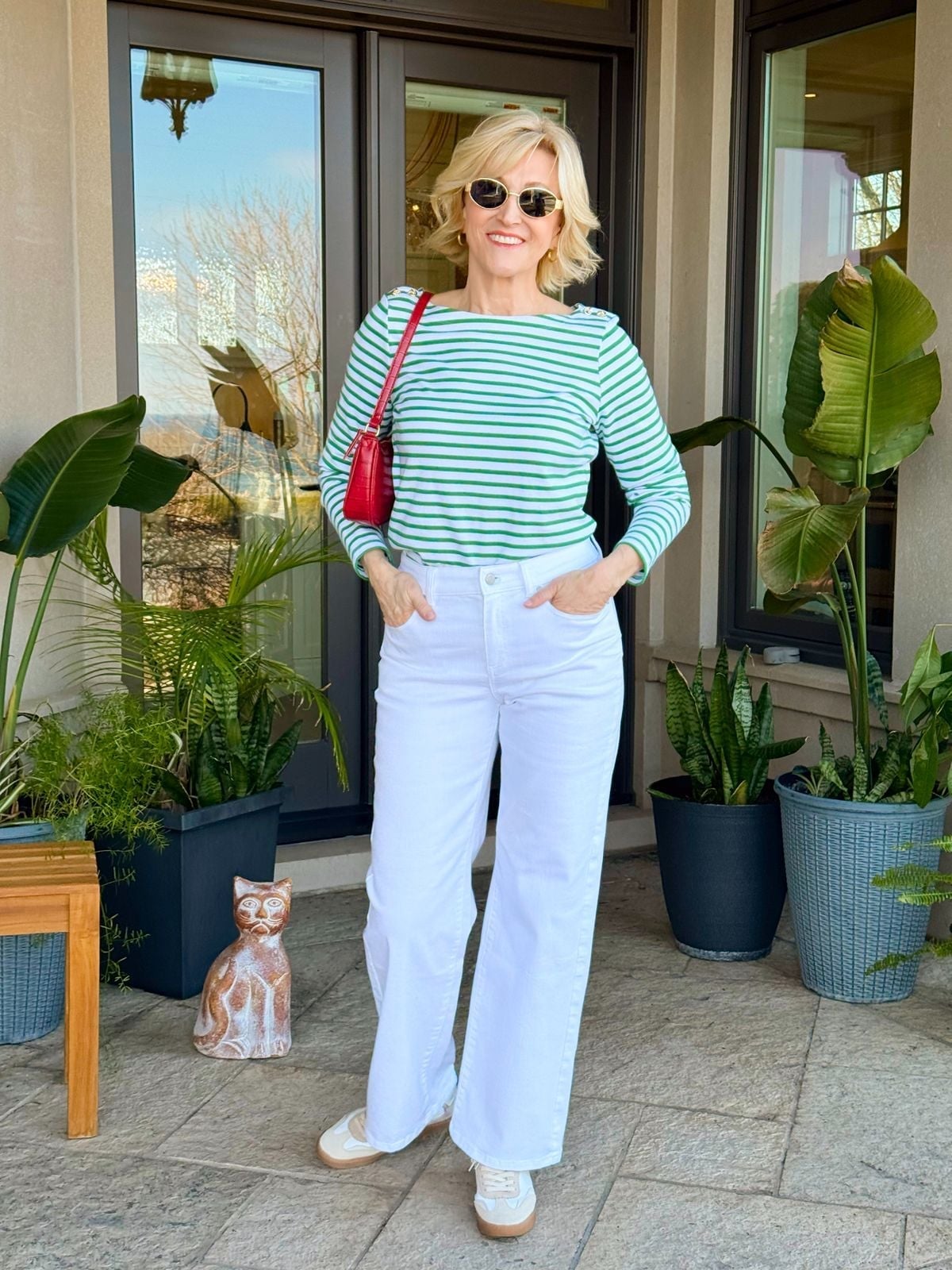 Green And White Striped Knit Top With White Jeans Green And White Striped Knit Top With White Jeans — Classy Green Top Outfits