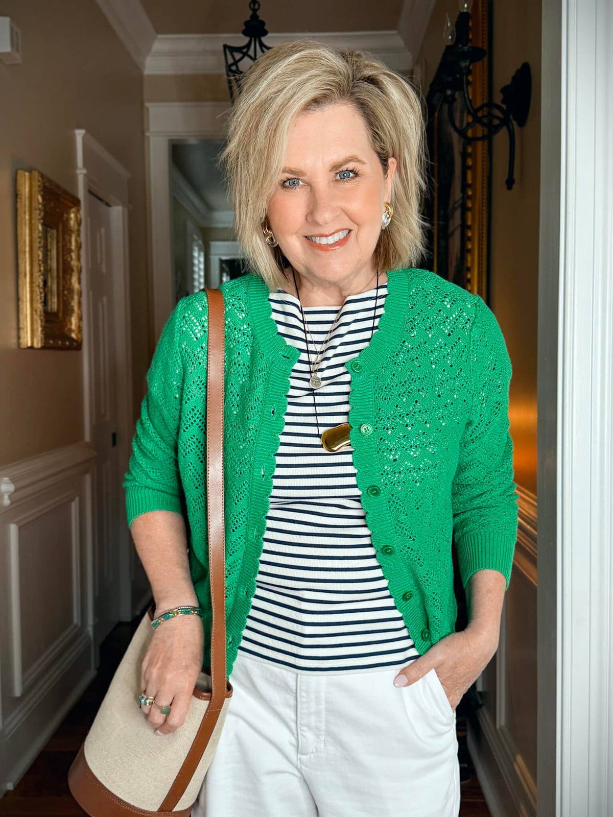 Bright Green Cardigan Over Striped Top Bright Green Cardigan Over Striped Top — Classy Green Top Outfits