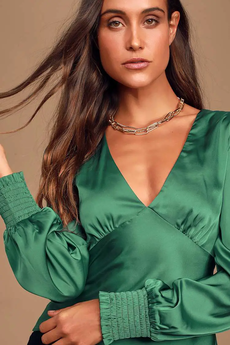 Emerald Green Satin Blouse With Lantern Sleeves Emerald Green Satin Blouse With Lantern Sleeves — Classy Green Top Outfits