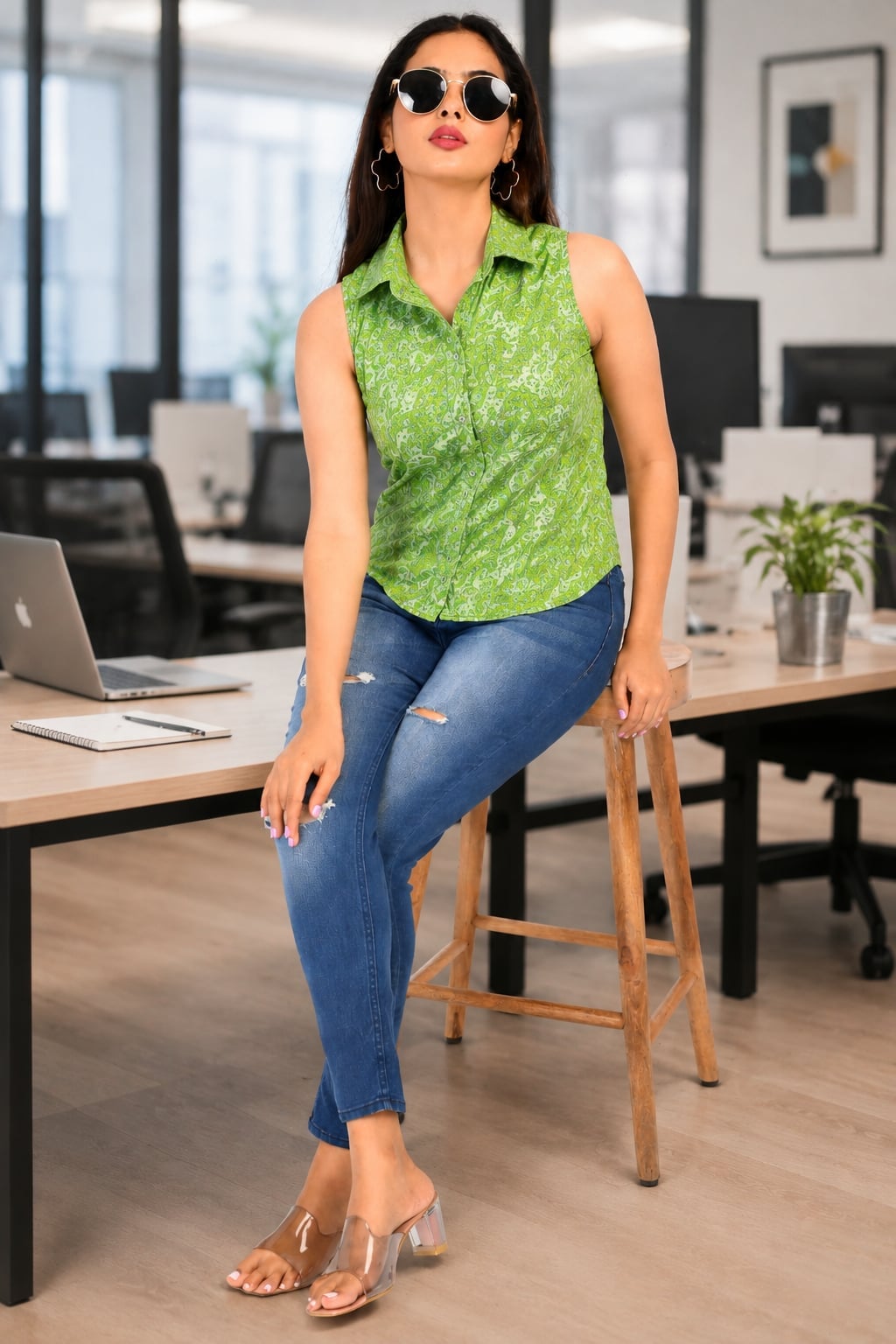 Lime Green Paisley Print Shirt With Distressed Jeans Lime Green Paisley Print Shirt With Distressed Jeans — Classy Green Top Outfits