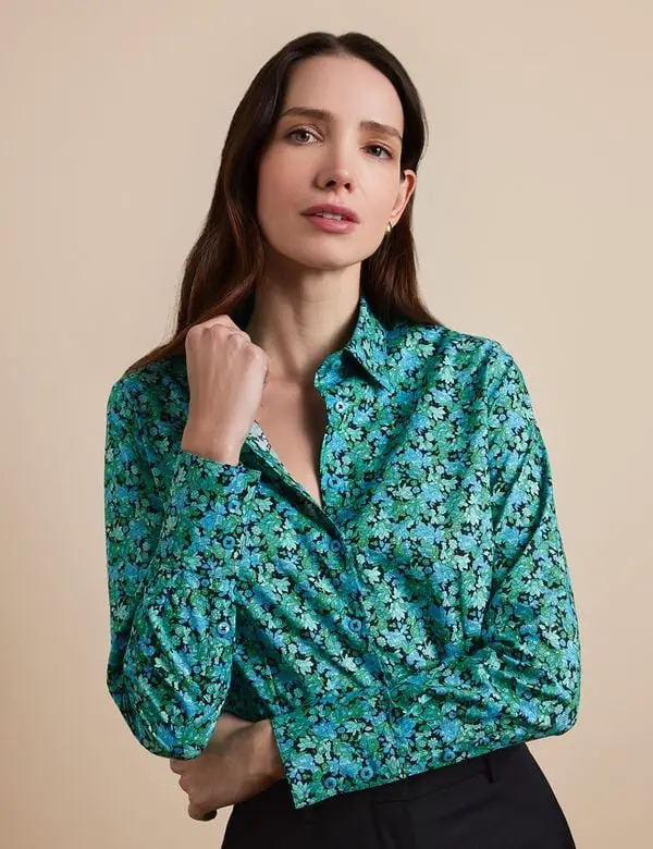 Green And Blue Floral Print Button Up Shirt Green And Blue Floral Print Button Up Shirt — Classy Green Top Outfits