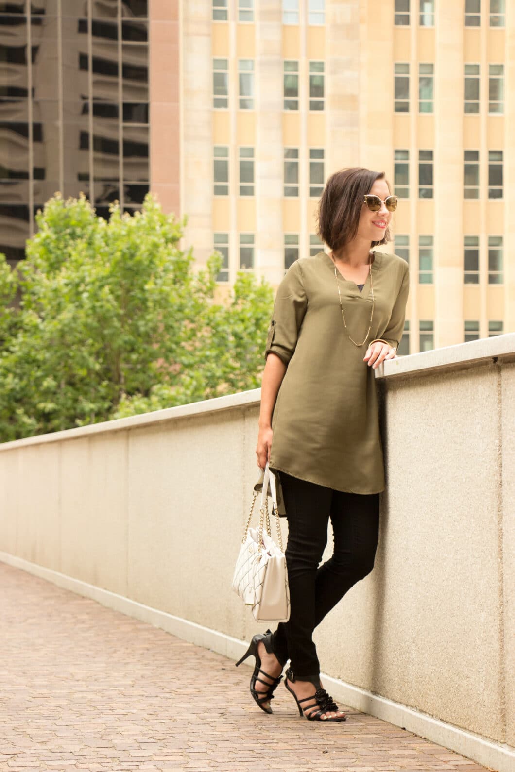 Olive Green Tunic Over Black Pants Olive Green Tunic Over Black Pants — Classy Green Top Outfits