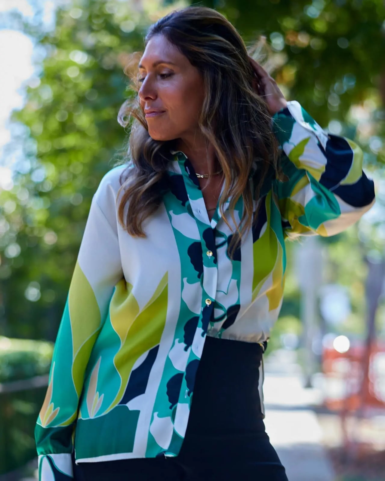 Green Abstract Print Silky Shirt With Black Trousers Green Abstract Print Silky Shirt With Black Trousers — Classy Green Top Outfits
