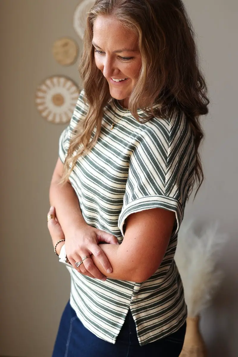 Green And White Striped Textured Knit Top With Relaxed Fit Green And White Striped Textured Knit Top With Relaxed Fit — Classy Green Top Outfits