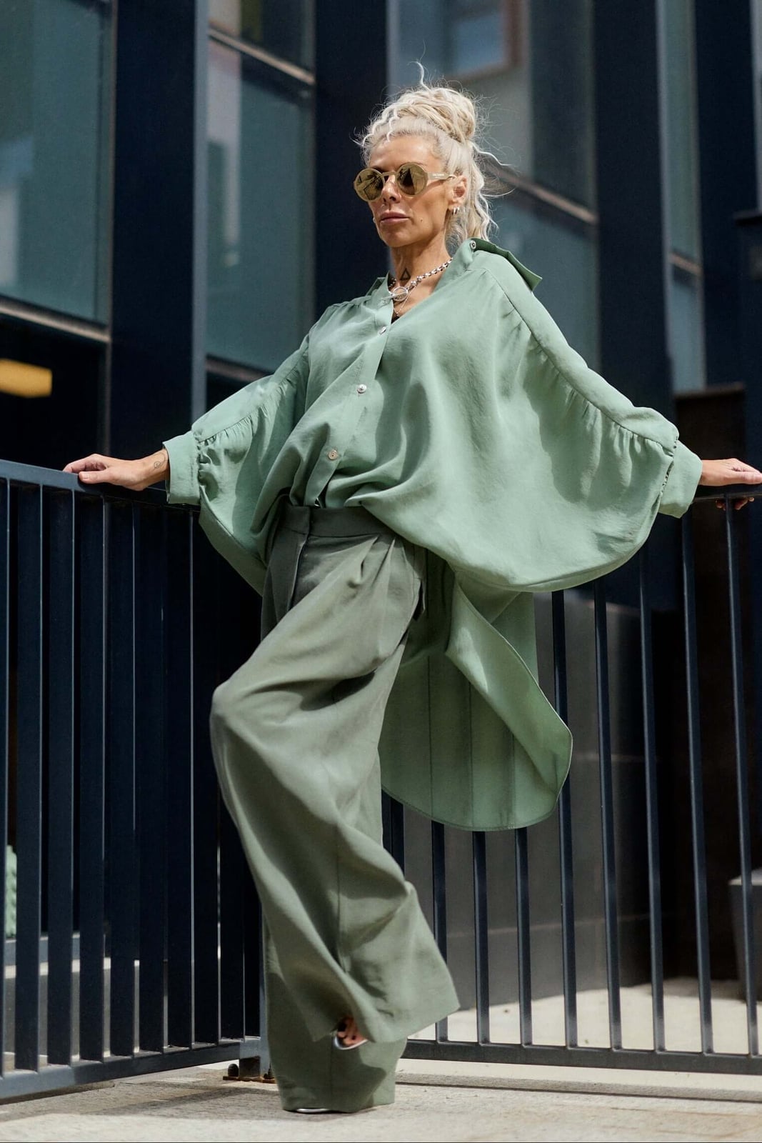 Olive Green Satin Shirt With Wide Leg Pants Olive Green Satin Shirt With Wide Leg Pants — Classy Green Top Outfits