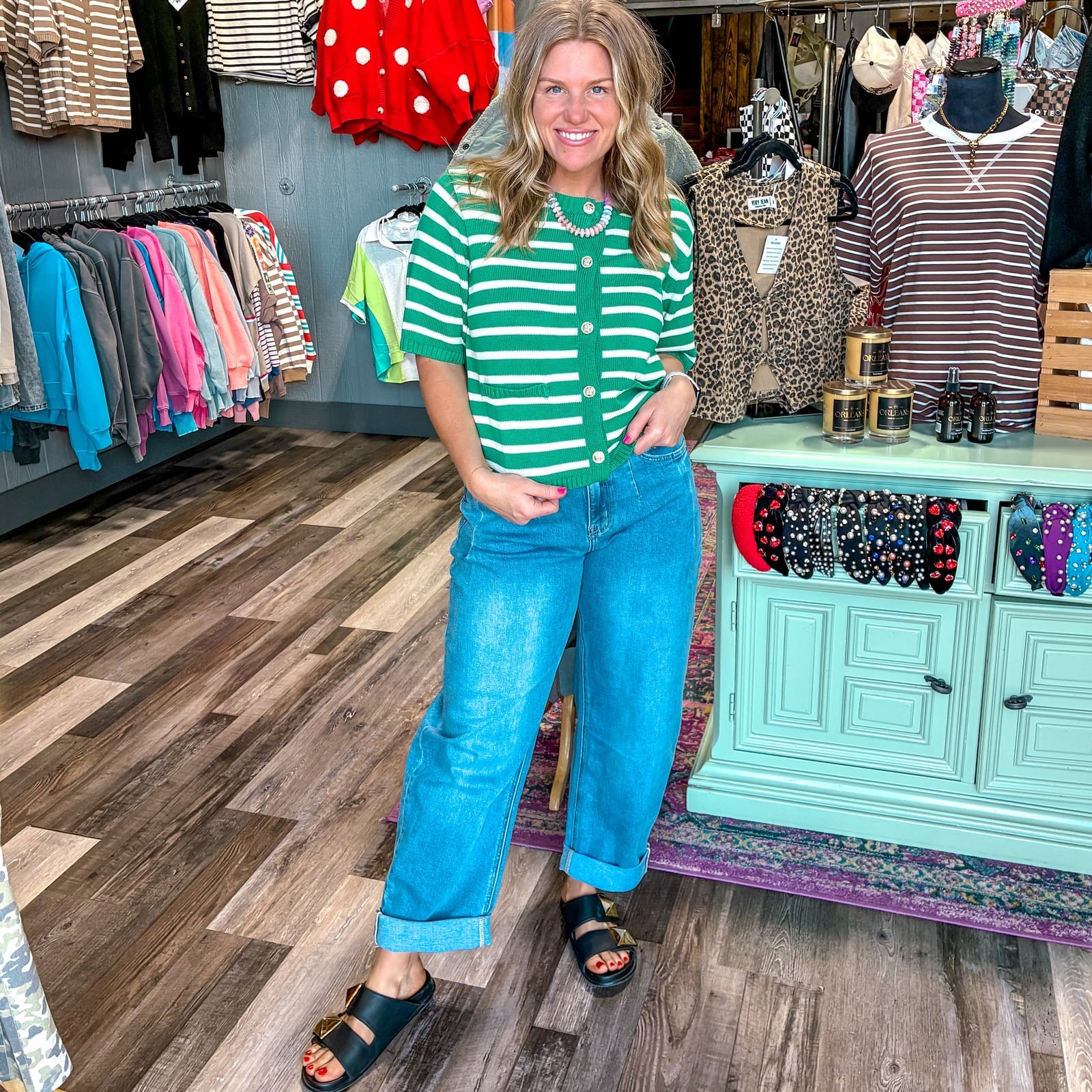 Green And White Striped Knit Top With Wide Leg Jeans Green And White Striped Knit Top With Wide Leg Jeans — Classy Green Top Outfits