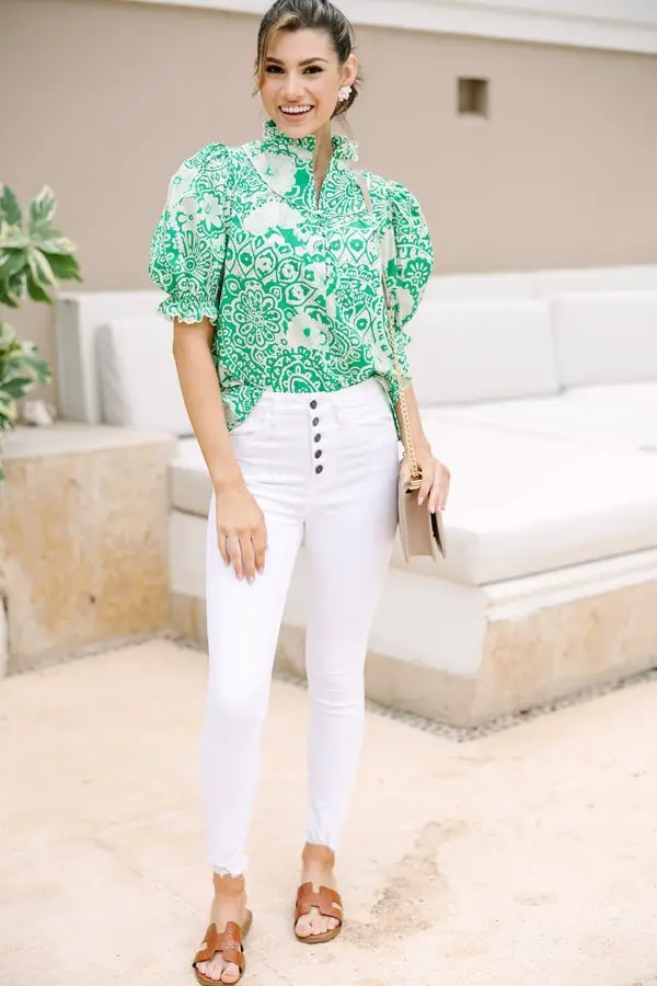 Green Floral Print Puff Sleeve Blouse Green Floral Print Puff Sleeve Blouse — Classy Green Top Outfits