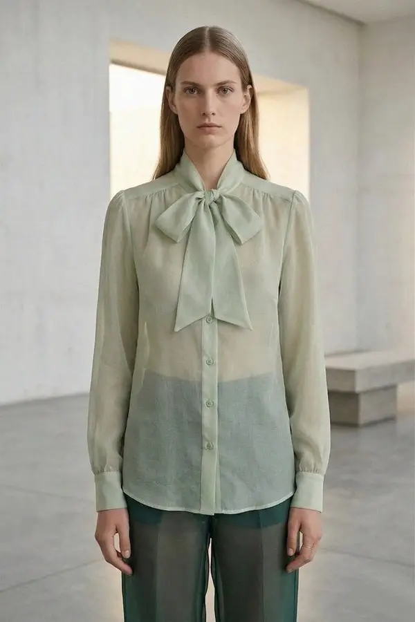 Sage Green Sheer Organza Tie Neck Shirt Sage Green Sheer Organza Tie Neck Shirt — Classy Green Top Outfits