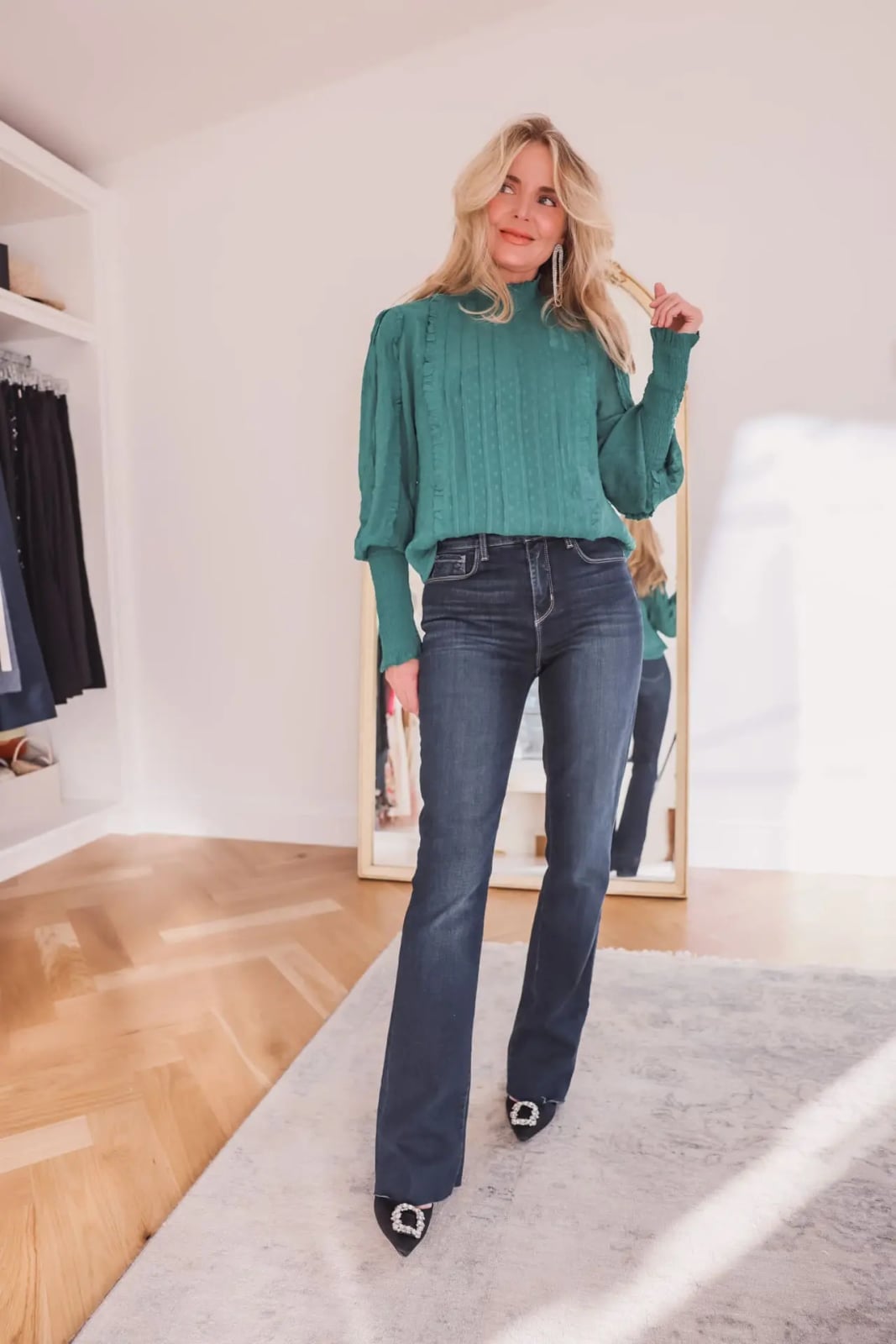 Textured Green Mock Neck Top With Flare Jeans, Office-Safe Version Textured Green Mock Neck Top With Flare Jeans, Office-Safe Version — Classy Green Top Outfits