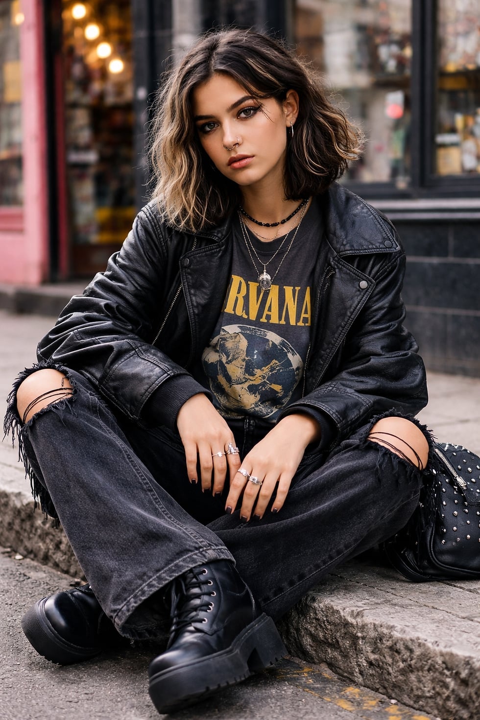 Leather Moto Jacket Over Distressed Denim Leather Moto Jacket Over Distressed Denim — Classy Grunge Outfits