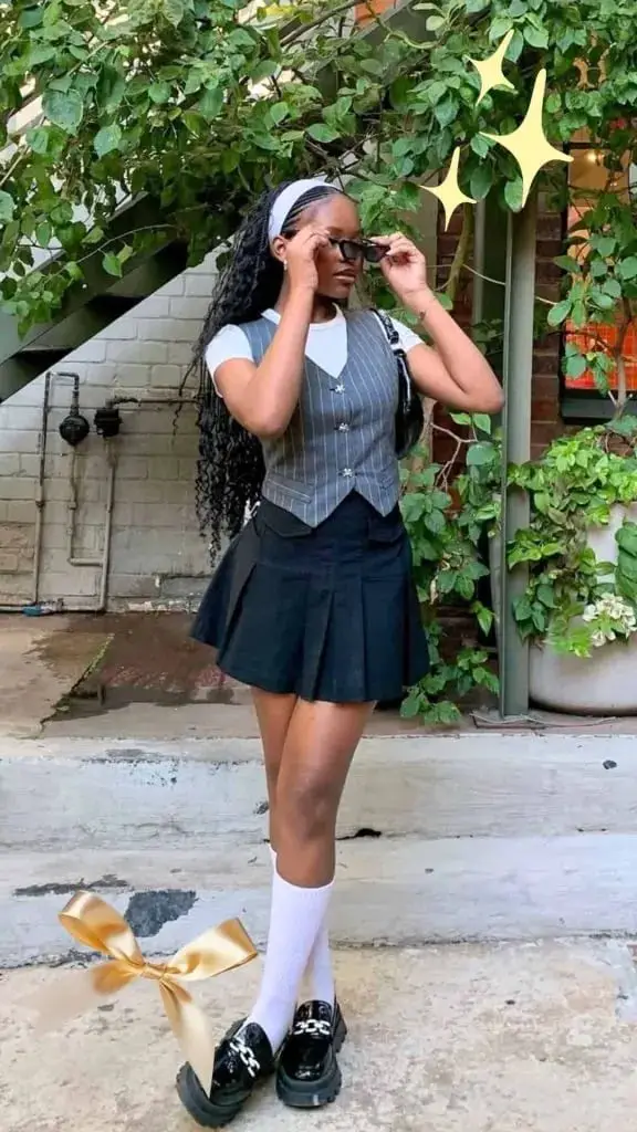Pinstripe Vest with Pleated Mini Skirt Pinstripe Vest with Pleated Mini Skirt — Classy Grunge Outfits