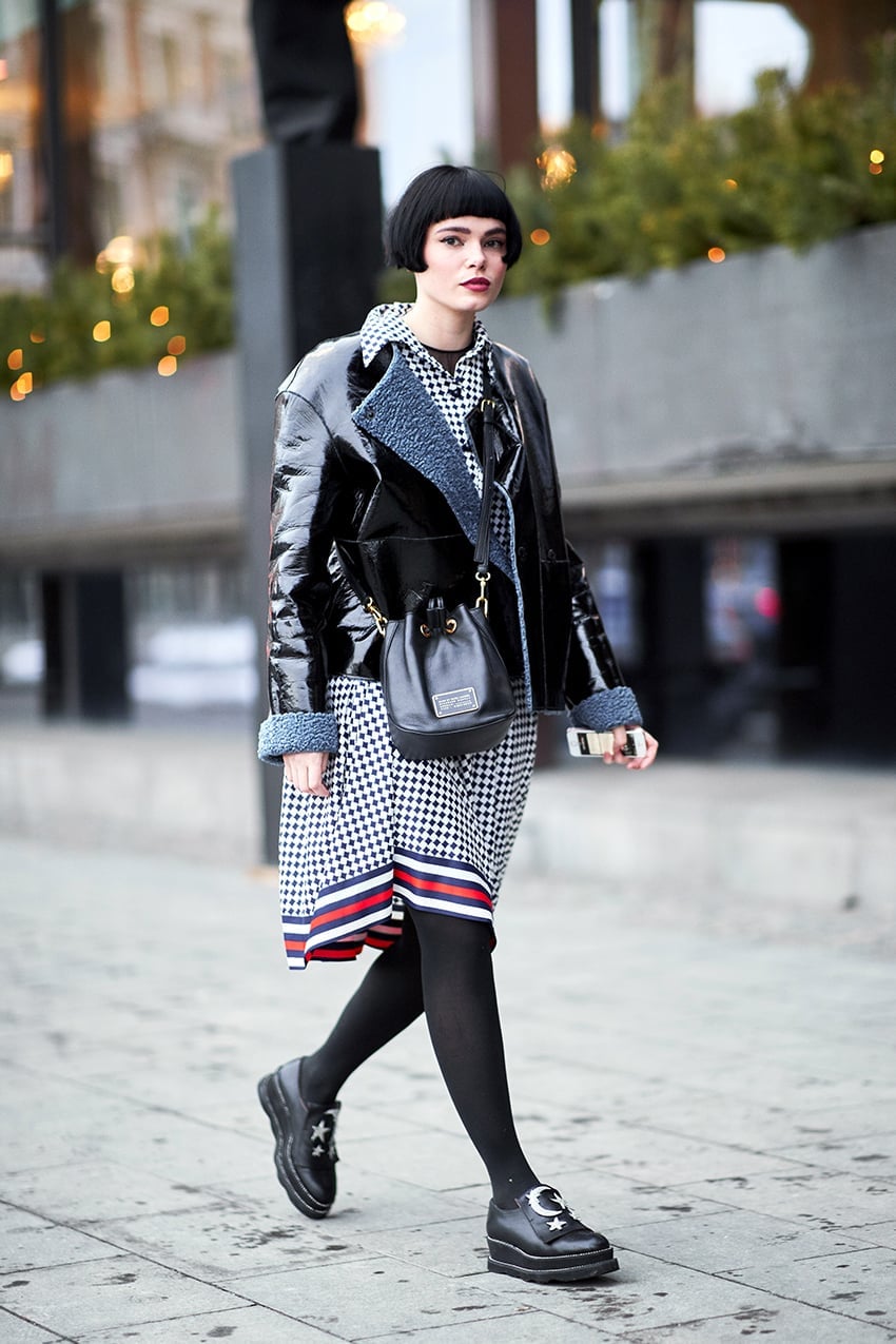 Patent Leather Jacket Over Patterned Dress Patent Leather Jacket Over Patterned Dress — Classy Grunge Outfits