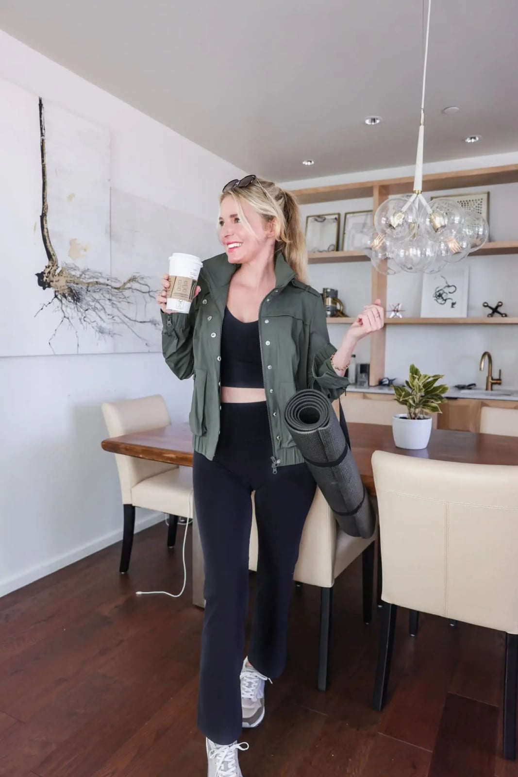 Green Utility Jacket Over Black Crop Top and Flared Pants Green Utility Jacket Over Black Crop Top and Flared Pants — Classy Gym Outfits