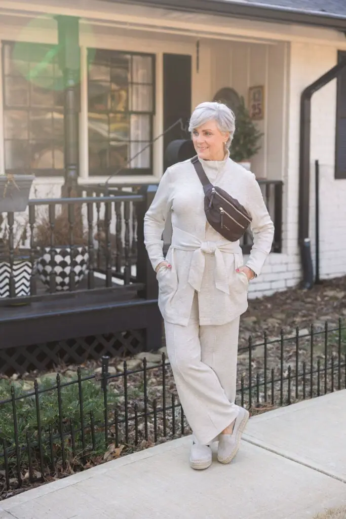 Beige Belted Cardigan With Wide-Leg Knit Pants Beige Belted Cardigan With Wide-Leg Knit Pants — Classy Gym Outfits