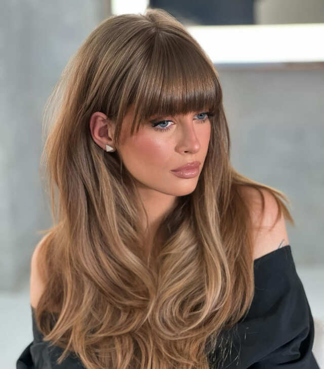 Medium Brown Long Layers With Curtain Bangs Medium Brown Long Layers With Curtain Bangs — Classy Hair with Bangs