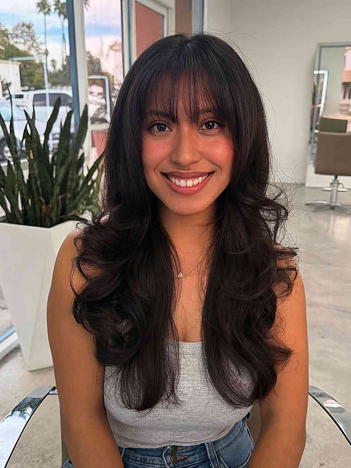 Mid-Back Wavy Hair With Full Bangs Mid-Back Wavy Hair With Full Bangs — Classy Hair with Bangs