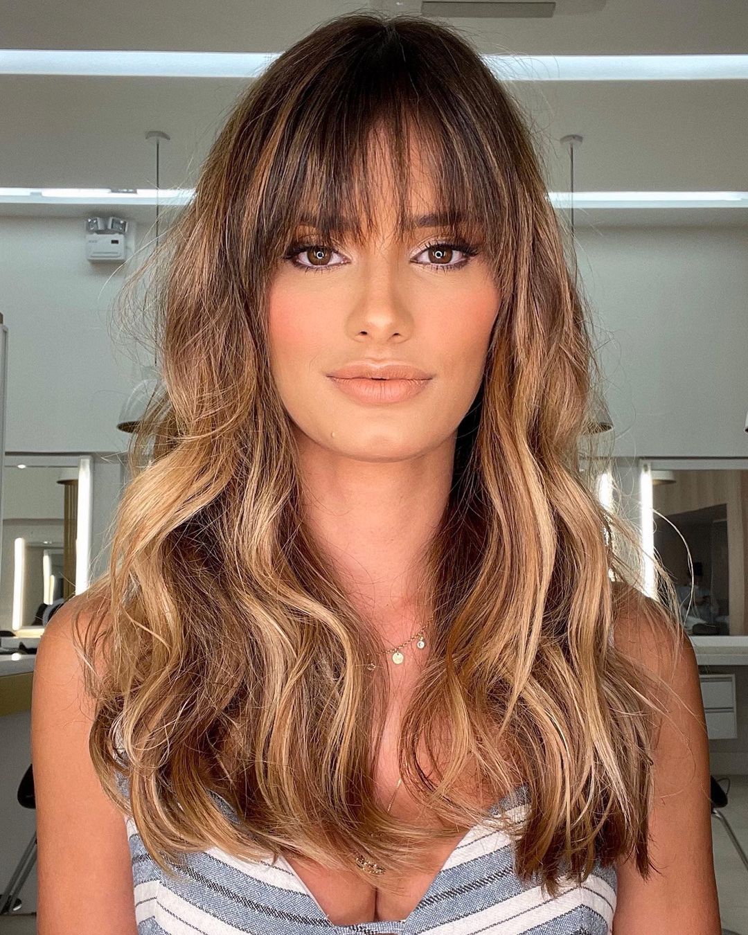 Mid-Back Blonde Balayage With Full Bangs Mid-Back Blonde Balayage With Full Bangs — Classy Hair with Bangs