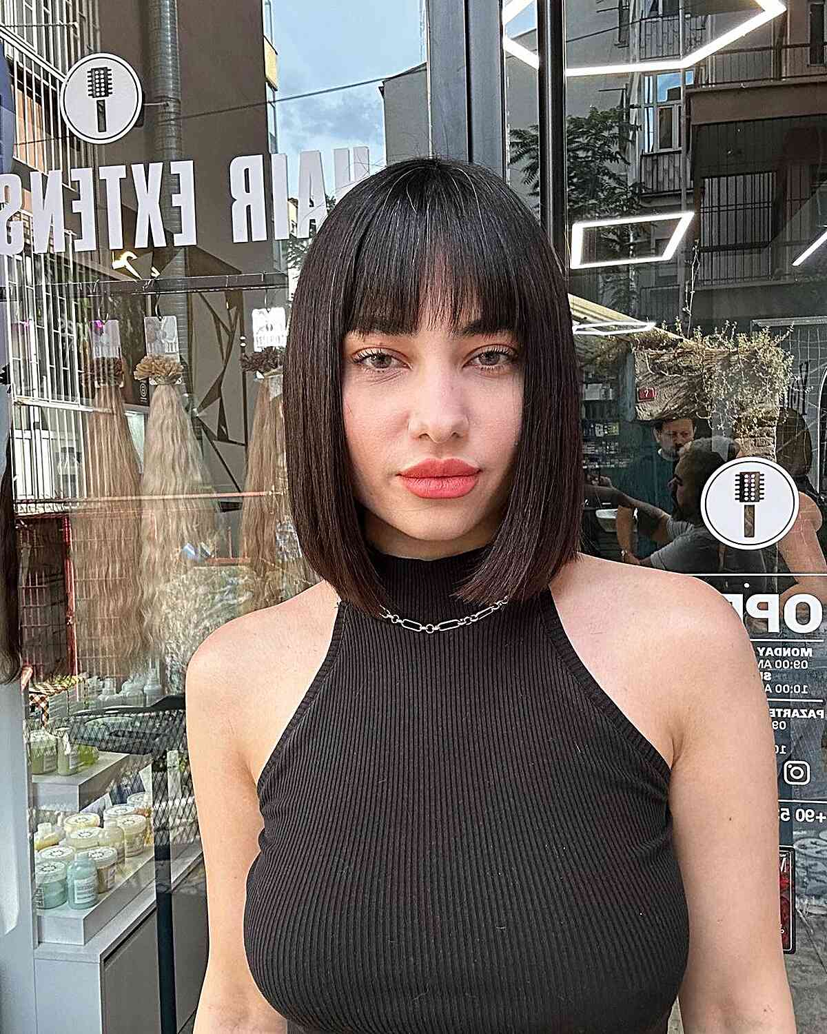 Chin Length Dark Brown Blunt Bob With Full Bangs, Straight Chin Length Dark Brown Blunt Bob With Full Bangs, Straight — Classy Hair with Bangs