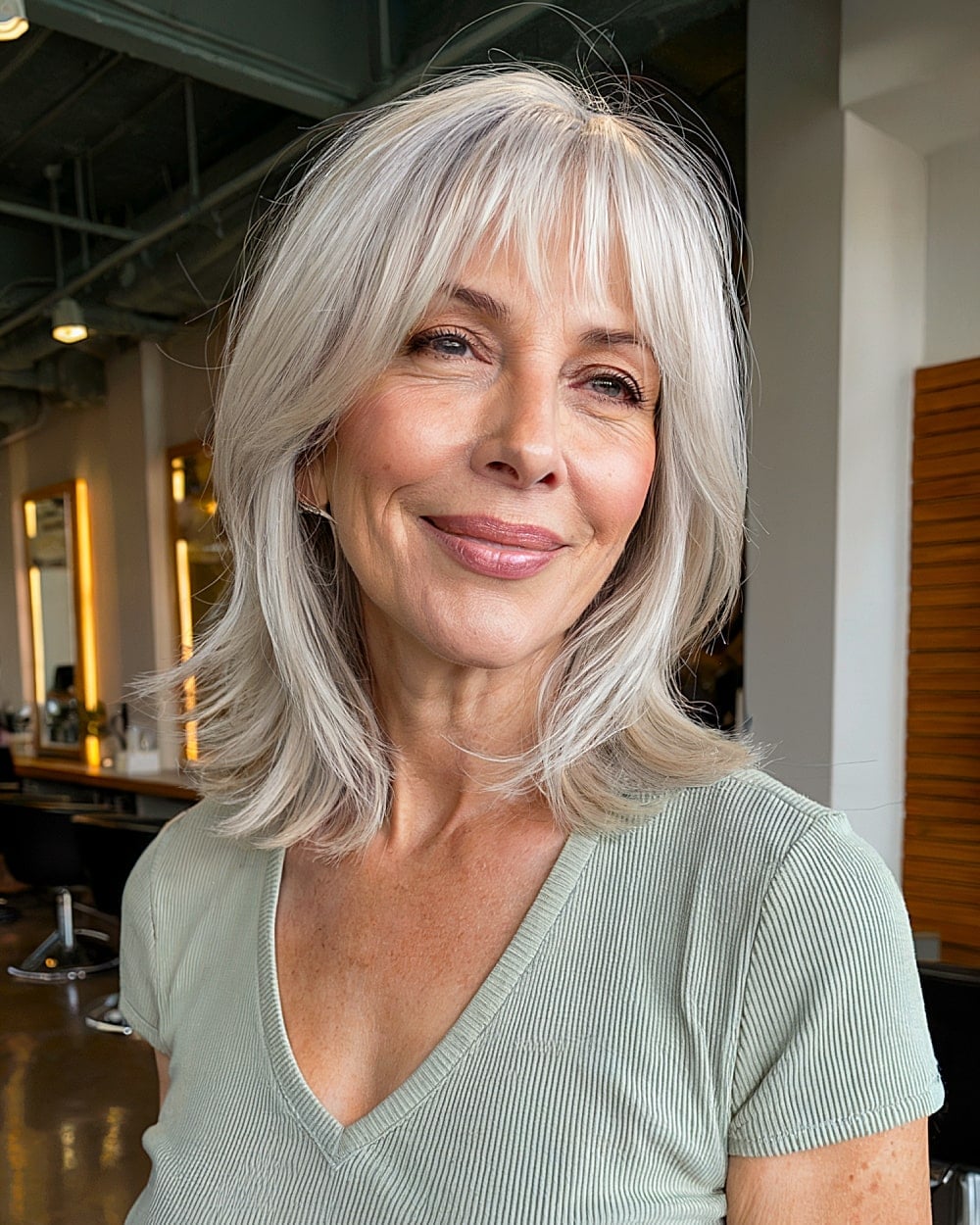 Silver Blonde Lob With Wispy Curtain Bangs Silver Blonde Lob With Wispy Curtain Bangs — Classy Hair with Bangs