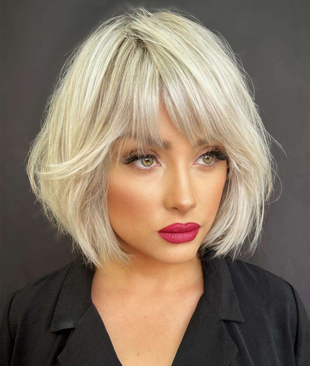 Platinum Bob With Wispy Bangs and Root Shadow Platinum Bob With Wispy Bangs and Root Shadow — Classy Hair with Bangs