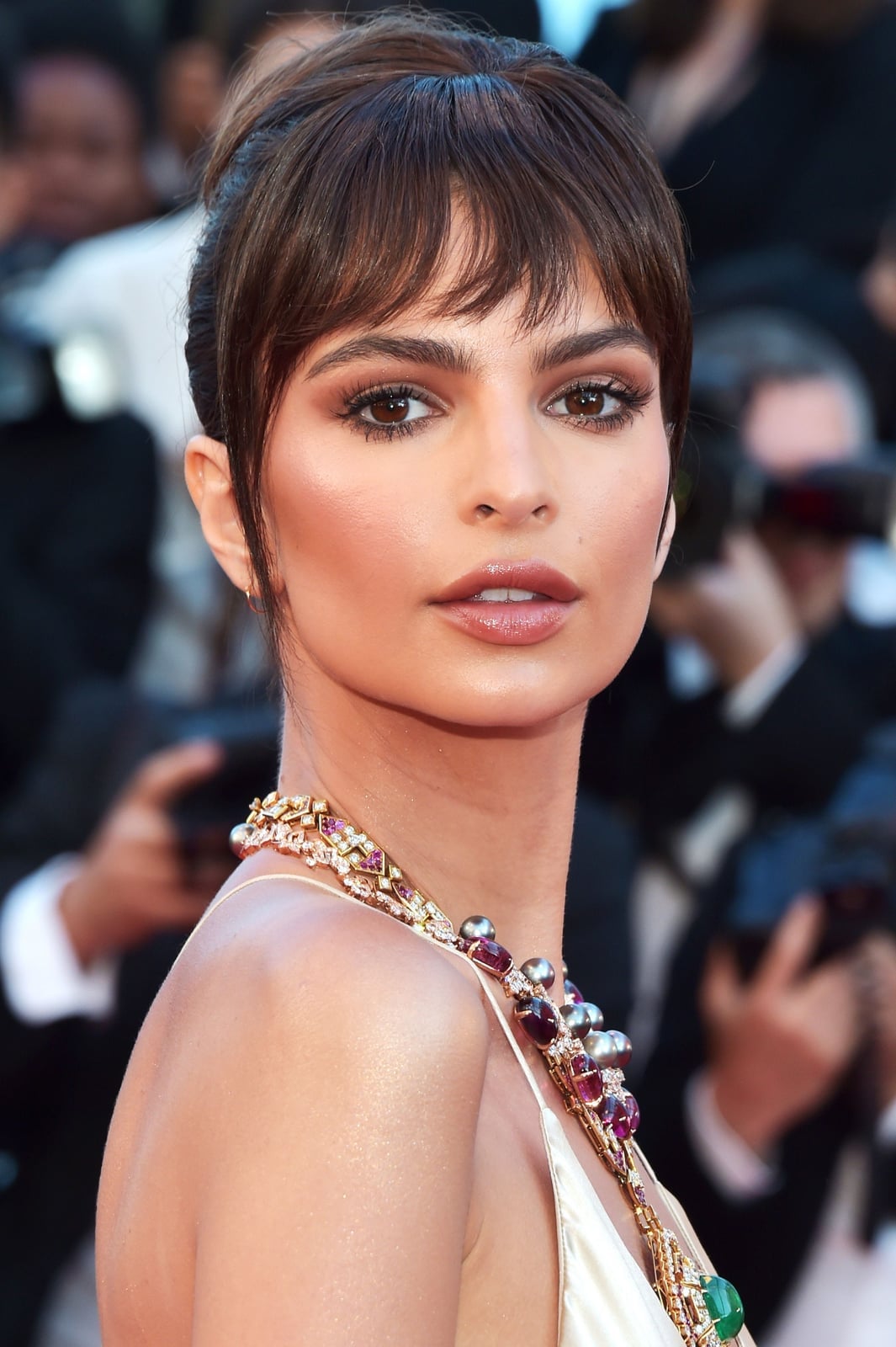 Collarbone Dark Brown Updo With Full Fringe Collarbone Dark Brown Updo With Full Fringe — Classy Hair with Bangs